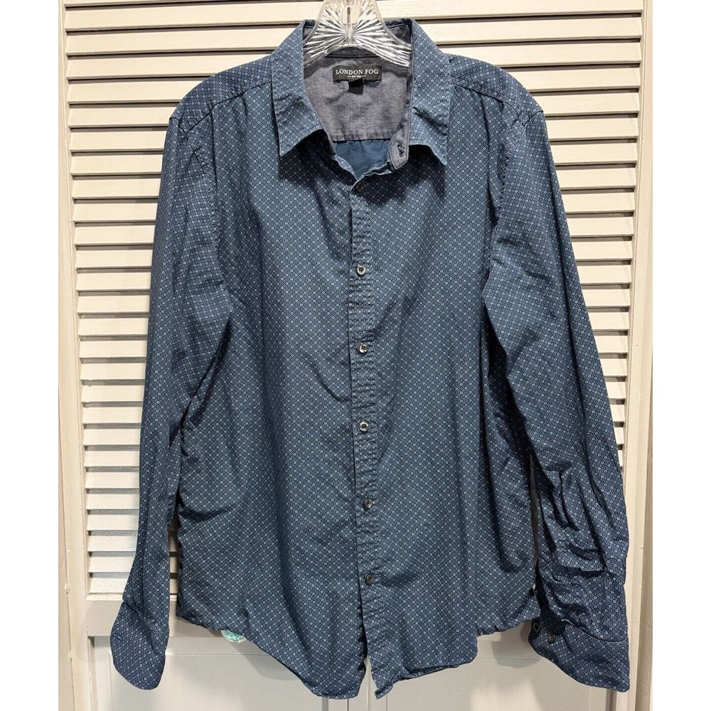 London Fog Blue/White Geo Print Button Up Long Sleeve Shirt Size XL‎ Cotton